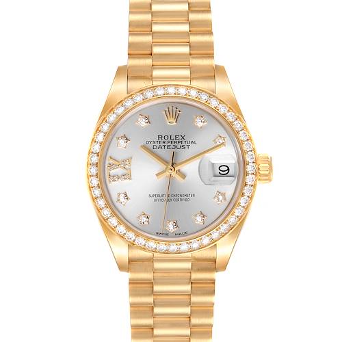 The image shows a front view of the Rolex President 279138 Women's Yellow Gold Silver Dial 279138 Women's Yellow Gold Silver Dial model watch, including the dial, bezel, and bracelet.
