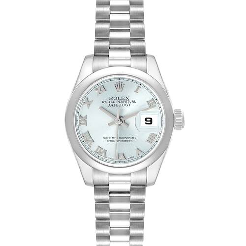 The Rolex President 179166 Women's Platinum Blue Dial model watch is shown from a top-down angle, highlighting the dial, bracelet, and date window.