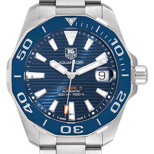 The image shows a front view of the Tag Heuer Aquaracer WAY211C.BA0928 Men's Stainless Steel Blue Dial WAY211C.BA0928 Men's Stainless Steel Blue Dial watch, highlighting the face, bezel, and bracelet.