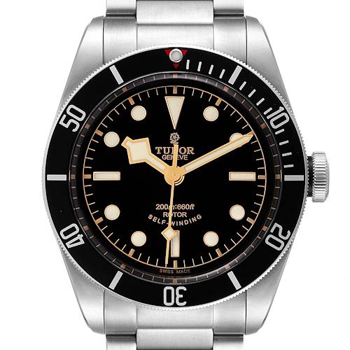 This image shows a front view of the Tudor Heritage Black Bay 79220 Men's Stainless Steel Black Dial 79220 Men's Stainless Steel Black Dial watch, highlighting its black dial, bezel, and stainless steel bracelet.