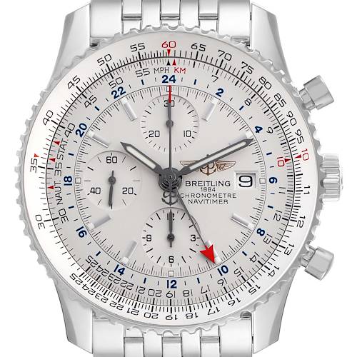 The Breitling Navitimer A24322 Men's Stainless Steel Silver Dial watch is shown from the front, highlighting the dial, bezel, and metal bracelet.