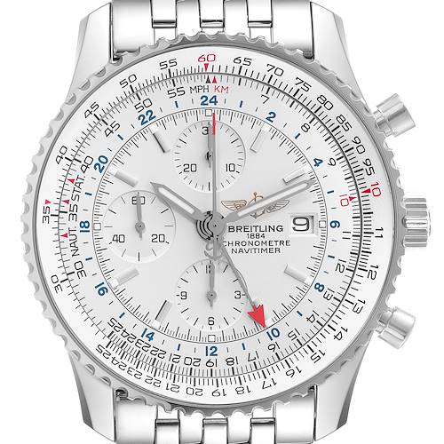 The image shows a front view of a Breitling Navitimer A24322 Men's Stainless Steel Silver Dial A24322 Men's Stainless Steel Silver Dial watch, highlighting its dial, sub-dials, bezel, and bracelet.