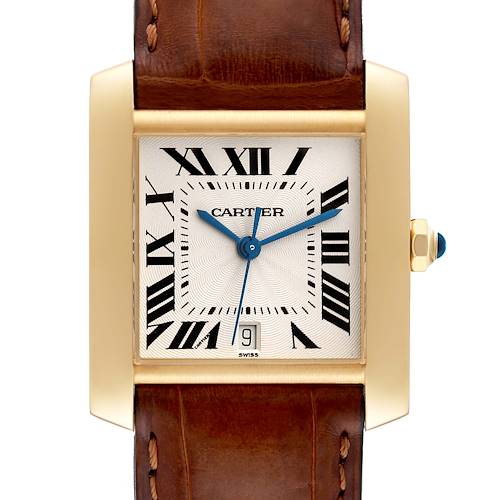 The Cartier Tank Française watch is shown from the front, highlighting the dial, bezel, crown, and leather strap.