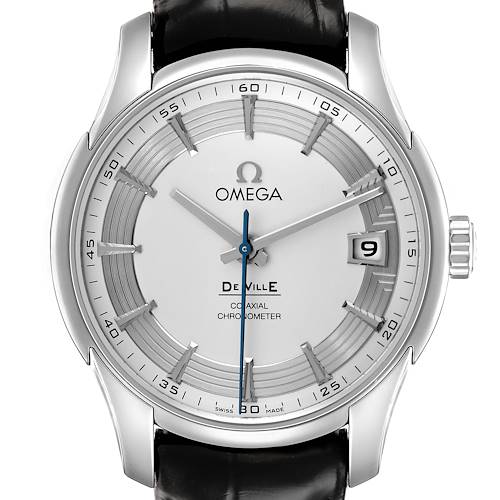 The image shows a front view of the Omega De Ville 431.33.41.21.02.001 Men's Stainless Steel Silver Dial watch highlighting the dial, hands, and date window.