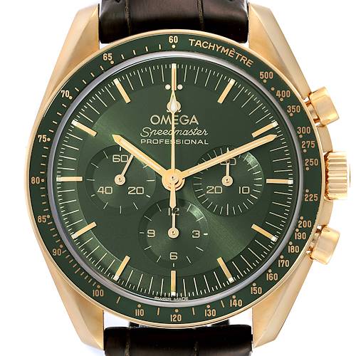 This image shows a front view of an Omega Speedmaster 310.63.42.50.10.001 Men's Yellow Gold Green Dial 310.63.42.50.10.001 Men's Yellow Gold Green Dial watch, highlighting its green dial, tachymeter bezel, and chronograph sub-dials.