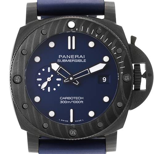 The image shows a front view of the Panerai Submersible PAM01232 Men's Titanium Blue Dial PAM01232 Men's Titanium Blue Dial watch, highlighting the dial, hands, markers, and bezel.