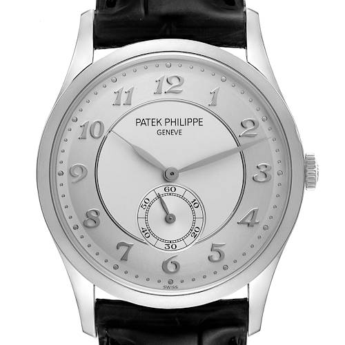 The Patek Philippe Calatrava 5196P-001 Men's Platinum Silver Dial 5196P-001 Men's Platinum Silver Dial watch is shown from the front, highlighting its dial, hands, and small seconds subdial.