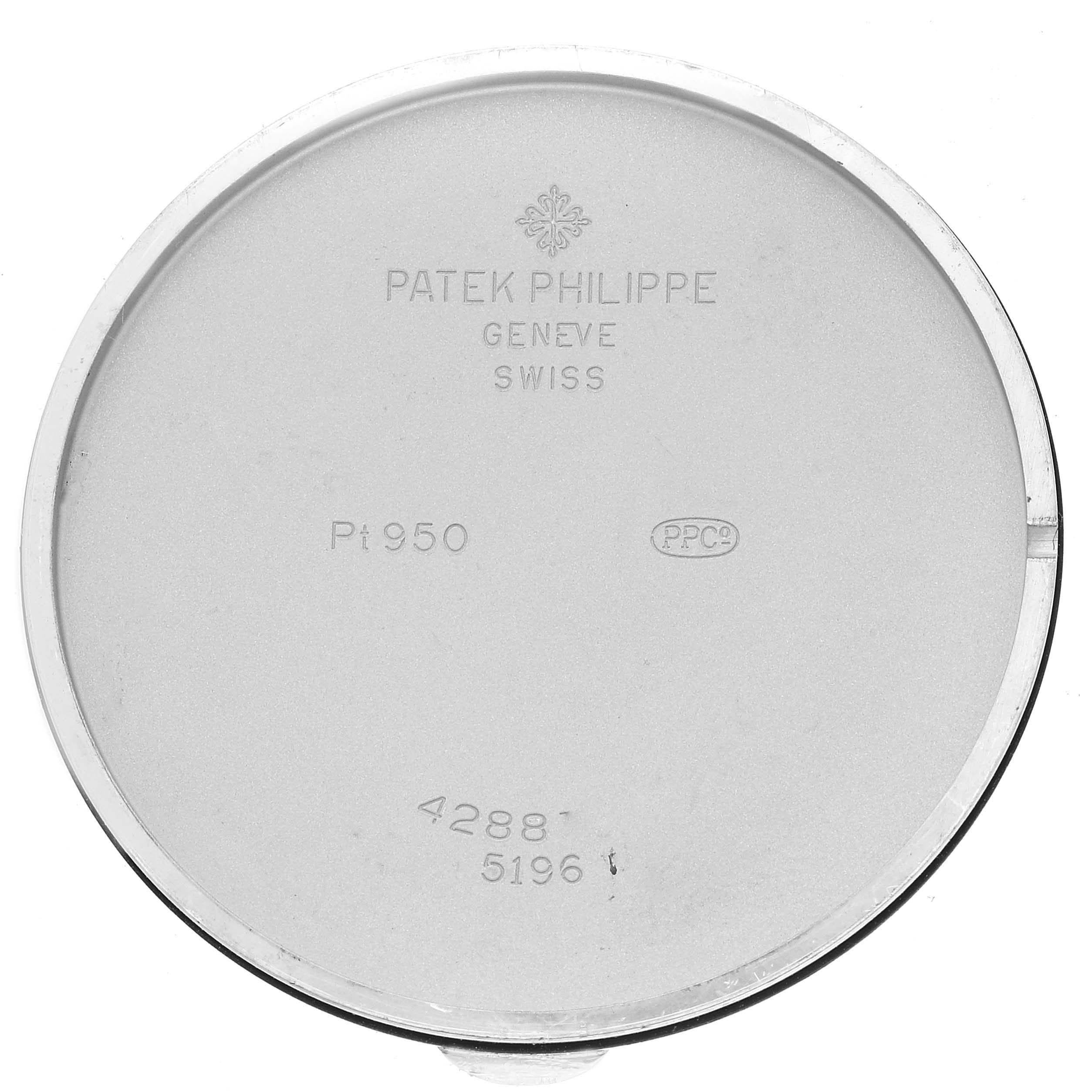 This image shows the inner side of the case back for a Patek Philippe Calatrava 5196P-001 Men's Platinum Silver Dial 5196P-001 Men's Platinum Silver Dial watch.