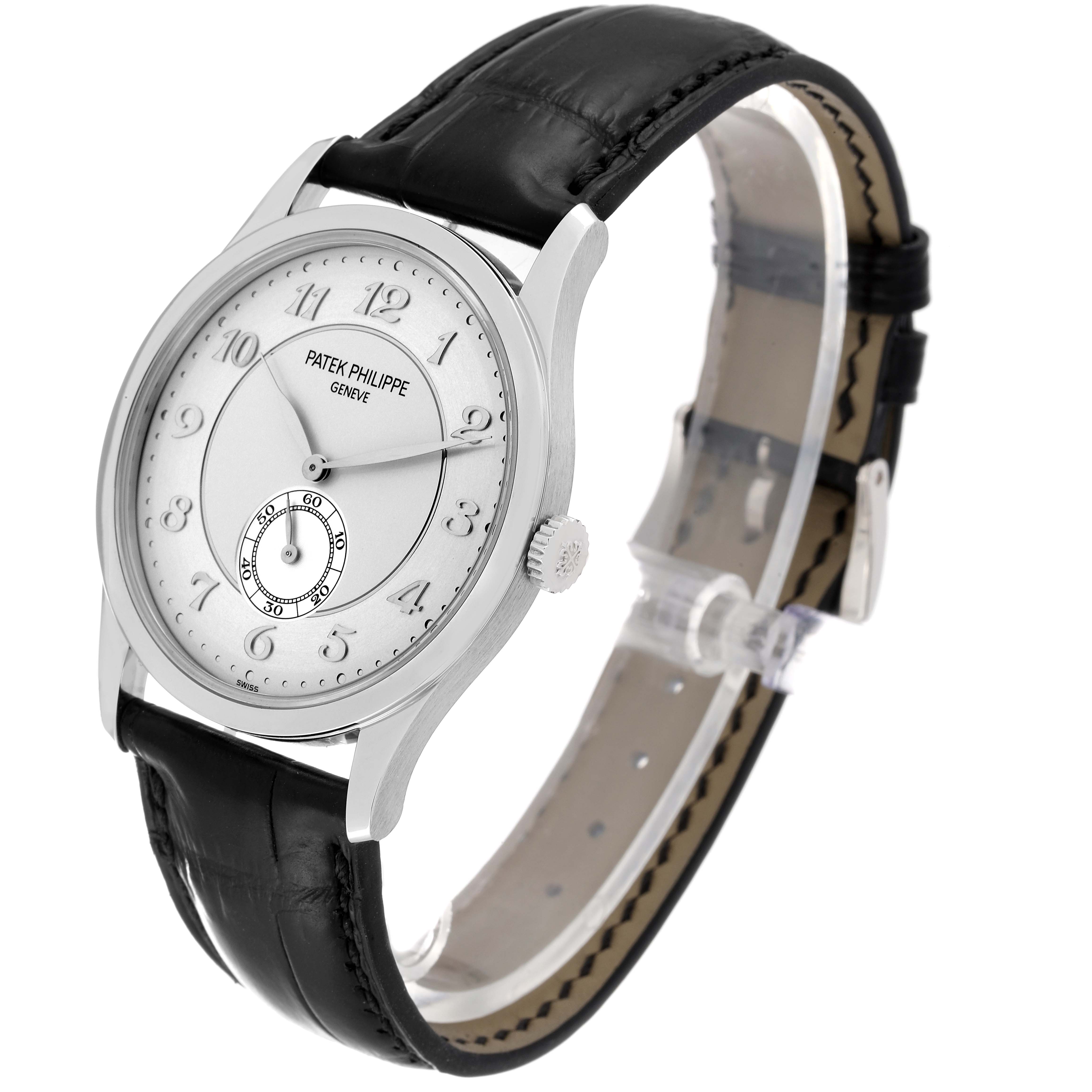 The image shows a Patek Philippe Calatrava 5196P-001 Men's Platinum Silver Dial 5196P-001 Men's Platinum Silver Dial watch at a side angle, displaying its face and black leather strap.