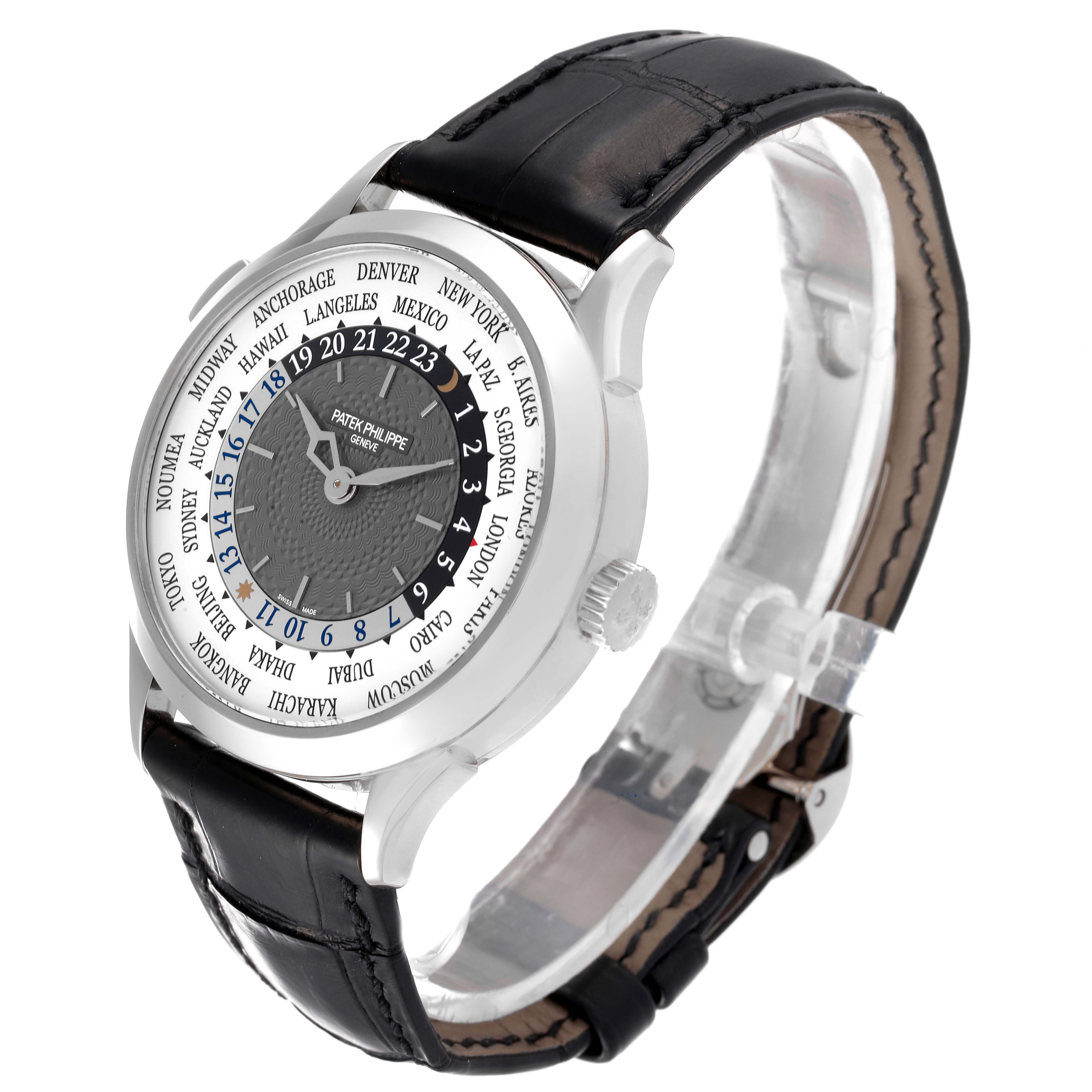 The image shows a side-angle view of the Patek Philippe Complications 5230G-001 Men's White Gold Grey Dial 5230G-001 Men's White Gold Grey Dial watch, highlighting the dial, case, crown, and leather strap.