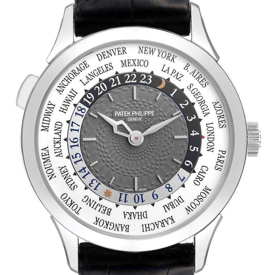 The image shows the face of a Patek Philippe Complications 5230G-001 Men's White Gold Grey Dial 5230G-001 Men's White Gold Grey Dial watch, featuring global time zones and a detailed dial.