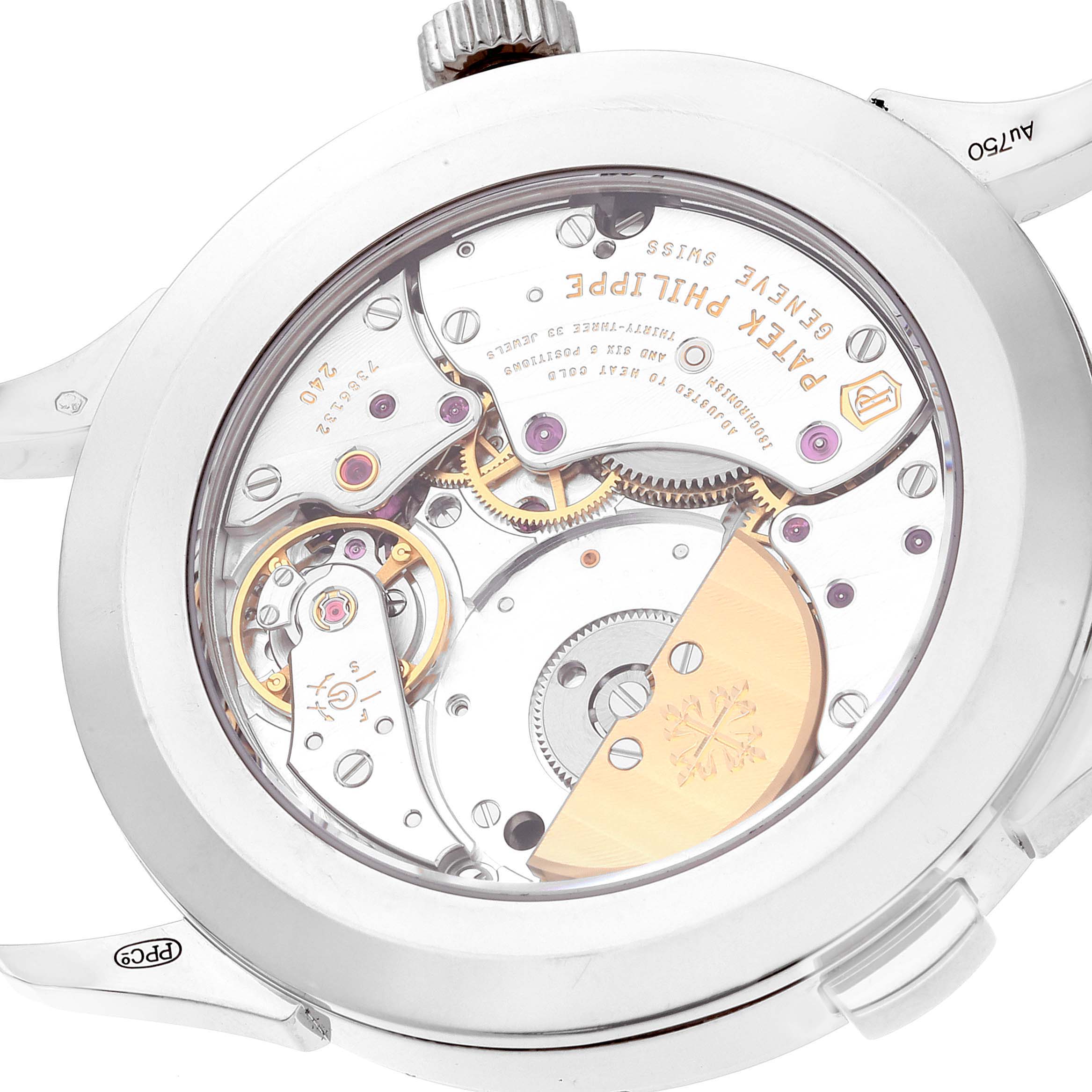 This image shows the back view of a Patek Philippe Complications 5230G-001 Men's White Gold Grey Dial 5230G-001 Men's White Gold Grey Dial watch, highlighting its intricate mechanical movement.