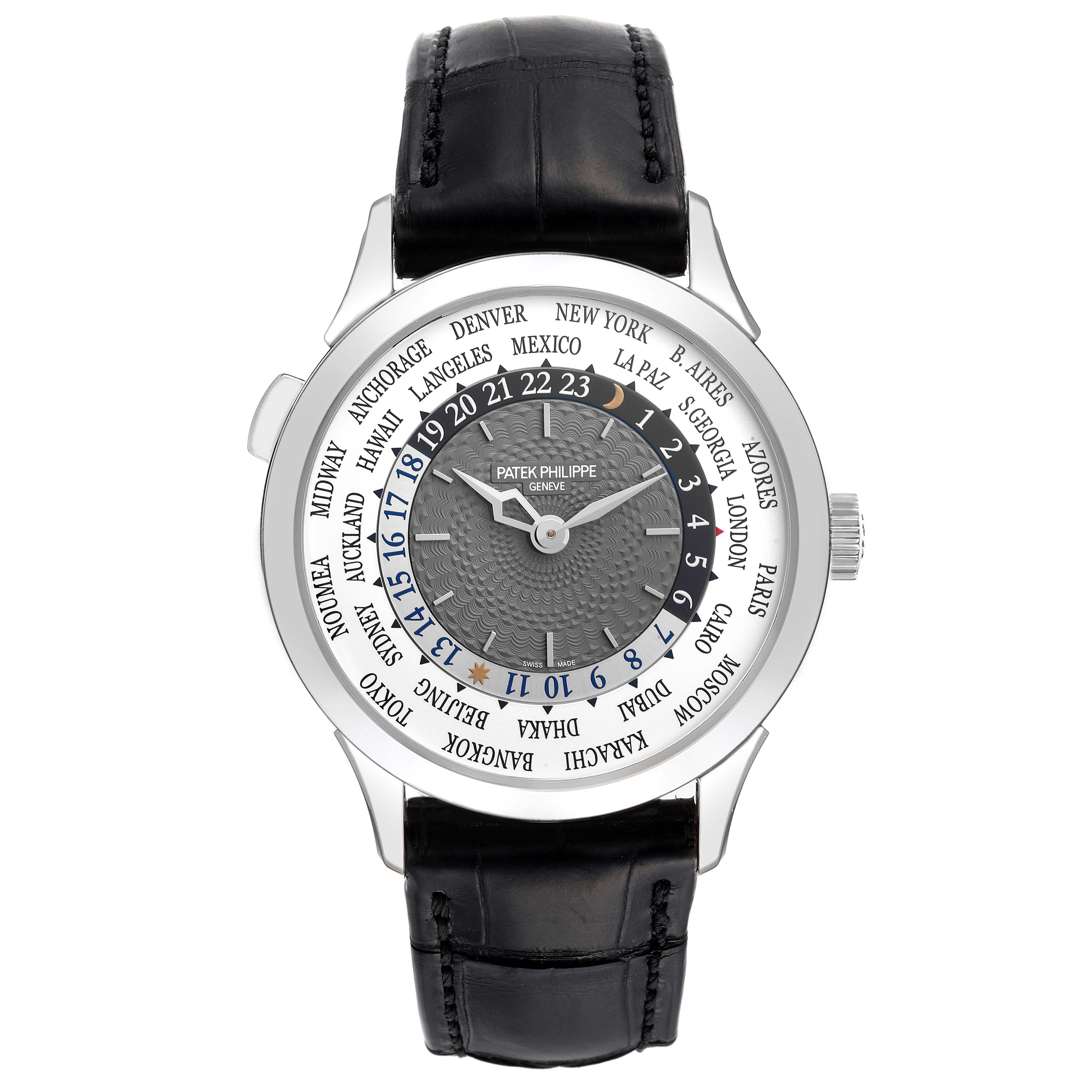 The image shows a front view of a Patek Philippe Complications 5230G-001 Men's White Gold Grey Dial 5230G-001 Men's White Gold Grey Dial model watch, displaying its dial, case, and leather strap.