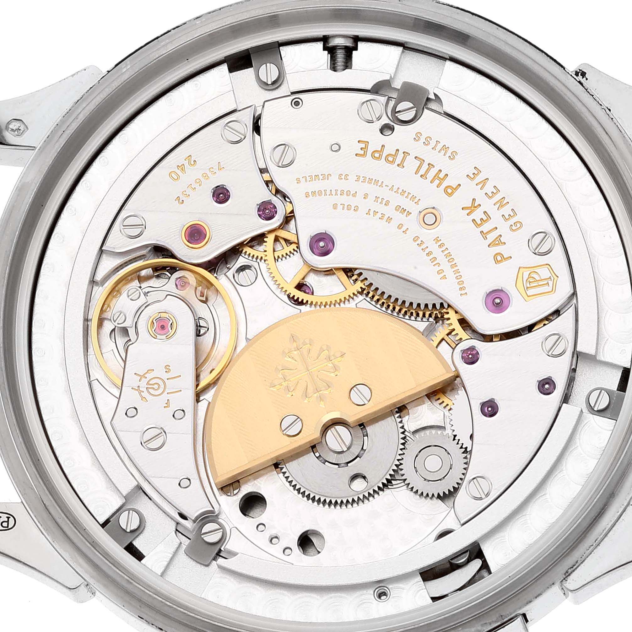 This image shows a detailed view of the movement components of a Patek Philippe Complications 5230G-001 Men's White Gold Grey Dial 5230G-001 Men's White Gold Grey Dial watch.