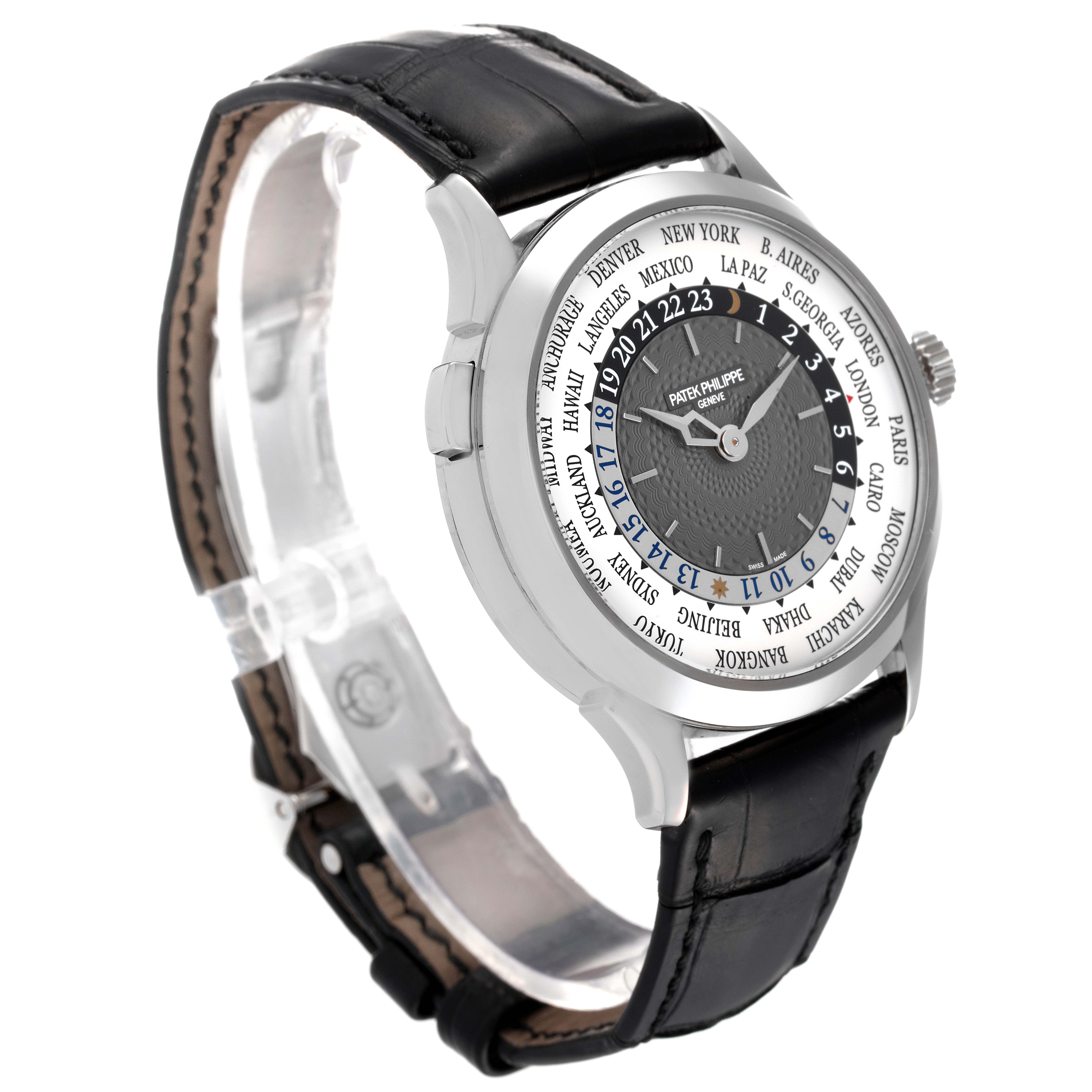 The Patek Philippe Complications 5230G-001 Men's White Gold Grey Dial 5230G-001 Men's White Gold Grey Dial model is shown from a three-quarter angle, highlighting the face, bezel, and leather strap.