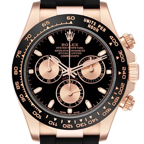 The image shows a front view of a Rolex Daytona 116515LN Men's Rose Gold Black Dial 116515LN Men's Rose Gold Black Dial watch, highlighting its dial, bezel, and pushers.