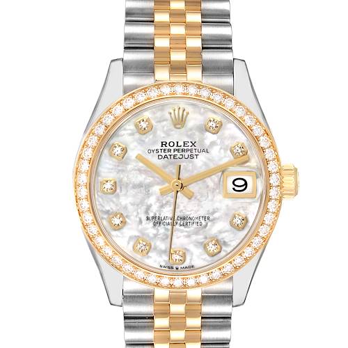 The Rolex Mid-Size 278383 Women's Steel and Gold (two tone) Mother of Pearl Dial watch is shown from the front, displaying the face, bezel, crown, and part of the bracelet.