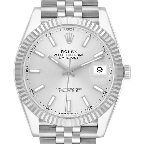 The Rolex Datejust 41 126334 Men's Stainless Steel Silver Dial is shown from the front, highlighting its silver dial, fluted bezel, date window, and Jubilee bracelet.