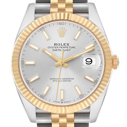 The Rolex Datejust 41 126333 Men's Steel and Gold (two tone) Silver Dial is shown from the front, highlighting its dial, fluted bezel, and part of the bracelet.