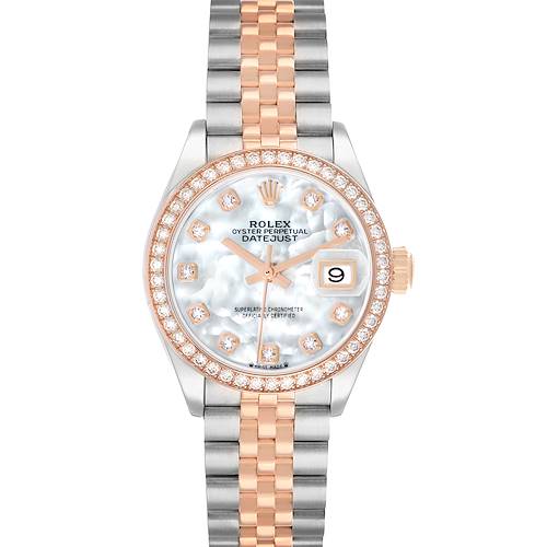 The Rolex Datejust 279381 Women's Steel and Gold (two tone) Mother of Pearl Dial watch is shown from the front, displaying the dial, bezel, and two-tone bracelet.
