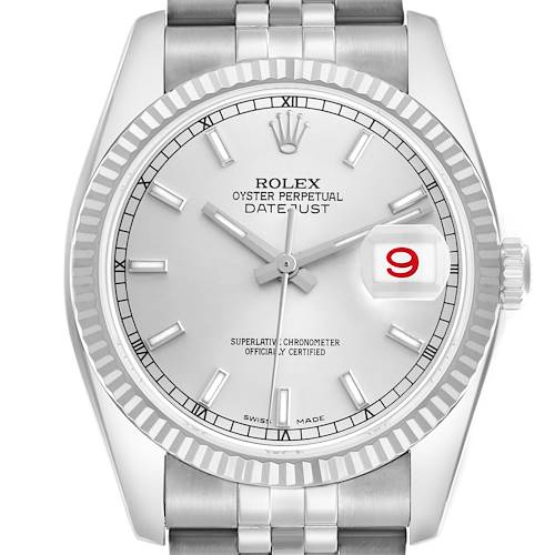 This Rolex Datejust 116234 Men's Stainless Steel Silver Dial watch is shown from a front angle, highlighting the dial, bezel, hands, date display, and part of the bracelet.