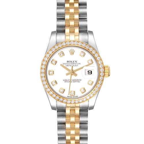 The Rolex Datejust 179383 Women's Steel and Gold (two tone) White Dial watch is shown from the front, highlighting its dial, bezel, and two-tone bracelet.