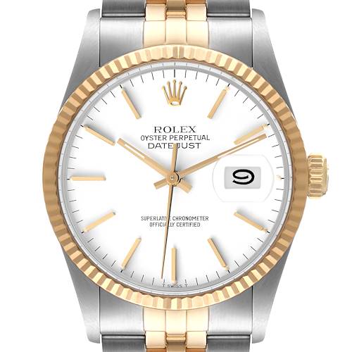 The image shows a frontal view of the Rolex Vintage Collection 16013 Men's Steel and Gold (two tone) White Dial 16013 Men's Steel and Gold (two tone) White Dial Datejust watch, highlighting its dial, bezel, and bracelet.