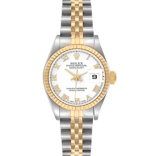 The Rolex Datejust 69173 Women's Steel and Gold (two tone) White Dial watch is shown from a top-down angle, highlighting the dial, bezel, and bracelet.