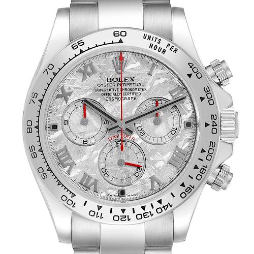 The Rolex Daytona 116509 Men's White Gold Silver Dial watch is shown from the front, highlighting its dial, bezel, and crown.