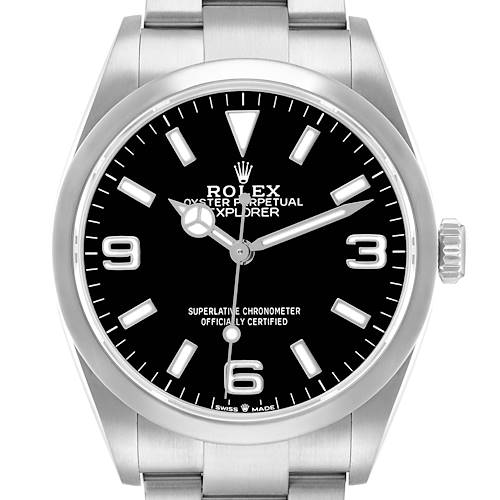 The Rolex Explorer 124270 Men's Stainless Steel Black Dial watch is shown from a front view, displaying the dial, hands, markers, crown, and part of the bracelet.