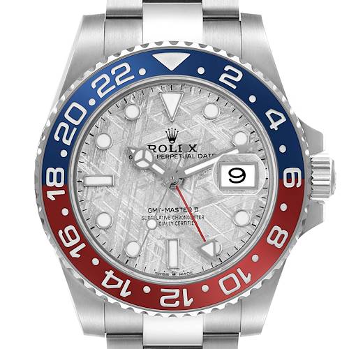 The Rolex GMT-Master 126719 Men's White Gold Silver Dial watch is shown from a frontal angle, displaying the face, bezel, crown, and part of the bracelet.