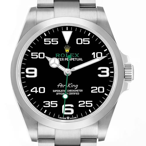 The Rolex Air-King 126900 Men's Stainless Steel Black Dial watch is shown from a front angle, displaying the dial, hands, bezel, and part of the bracelet.