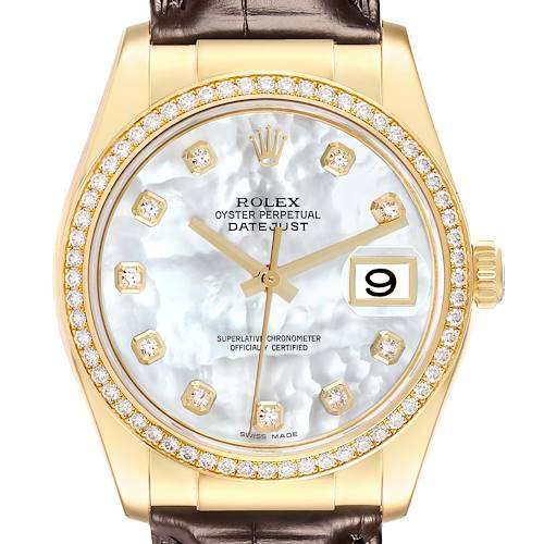 The Rolex President 116188 Men's Yellow Gold Mother of Pearl Dial model is shown from the front, featuring its face, bezel, crown, and part of the strap.