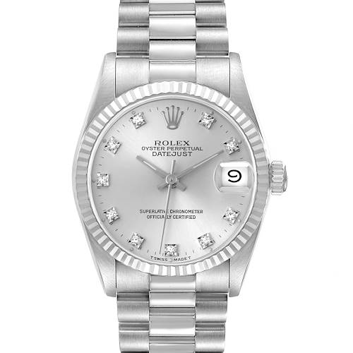The Rolex President 68279 Women's White Gold Silver Dial 68279 Women's White Gold Silver Dial model is shown from a front angle, highlighting the face, bezel, and bracelet.
