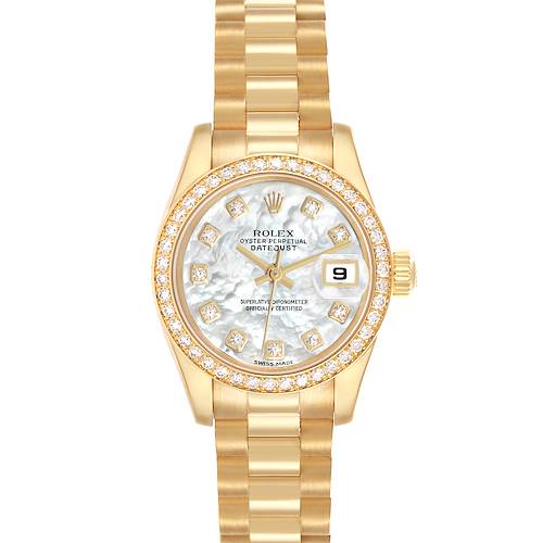 The Rolex President 179138 Women's Yellow Gold Mother of Pearl Dial model is shown from the front, displaying its gold bracelet, diamond bezel, and mother-of-pearl dial with date.