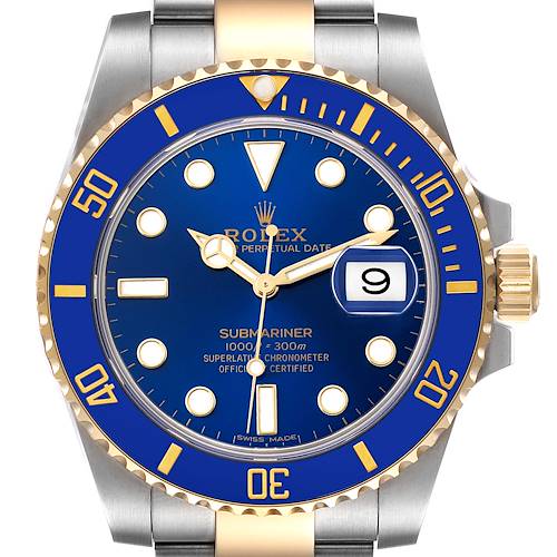 This image shows a frontal view of the Rolex Submariner 116613 Men's Yellow Gold Blue Dial 116613 Men's Yellow Gold Blue Dial, highlighting its blue dial, bezel, and two-tone bracelet.