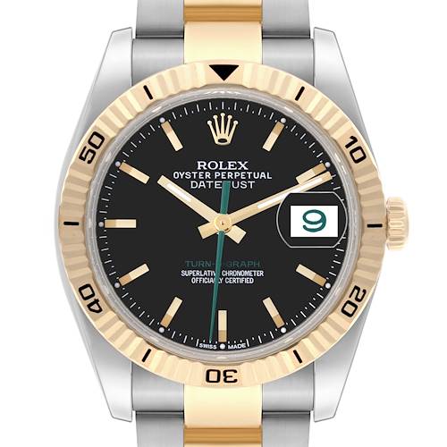 The Rolex Turn-o-Graph 116263 Men's Steel and Gold (two tone) Black Dial 116263 Men's Steel and Gold (two tone) Black Dial watch is shown from a front angle, displaying the dial, bezel, crown, and a portion of the bracelet.
