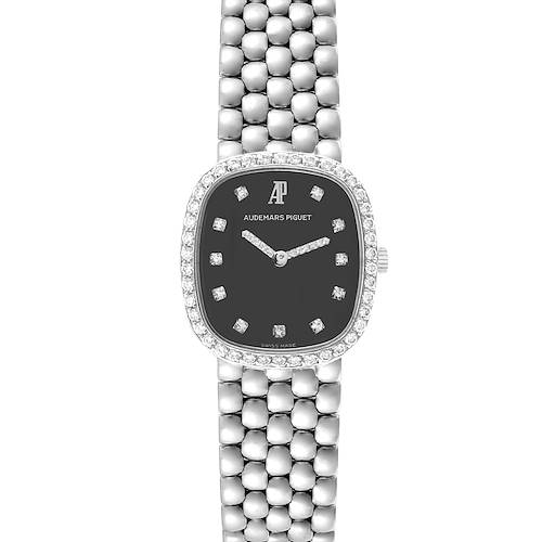 The Audemars Piguet Vintage Women's White Gold Black Dial Women's White Gold Black Dial watch is shown from the front, displaying the round face, dial, and bracelet clearly.