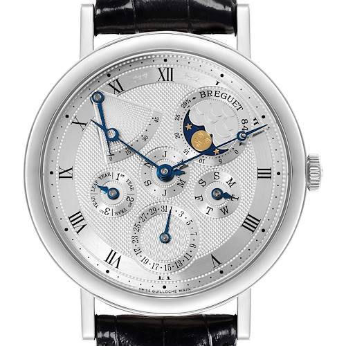 The Breguet Classique 5327BB/1E/9V6 Men's White Gold Silver Dial 5327BB/1E/9V6 Men's White Gold Silver Dial watch is shown from the front, highlighting its detailed multi-function dial and Roman numeral indices.
