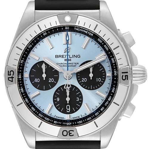 The image shows a Breitling Chronomat PB0134101C1S1 Men's Stainless Steel Blue Dial PB0134101C1S1 Men's Stainless Steel Blue Dial watch from a front angle, displaying the face, bezel, and chronograph sub-dials.