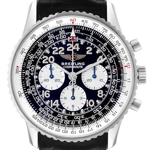 The image shows a front view of the Breitling Navitimer A12322 Men's Stainless Steel Black Dial A12322 Men's Stainless Steel Black Dial Cosmonauter watch, displaying the face with dials, markers, and black leather strap.