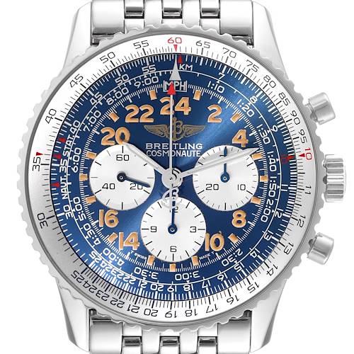 The image shows a close-up, front-facing view of a Breitling Navitimer A12022 Men's Stainless Steel Blue Dial A12022 Men's Stainless Steel Blue Dial watch, highlighting its blue dial, subdials, and bezel.