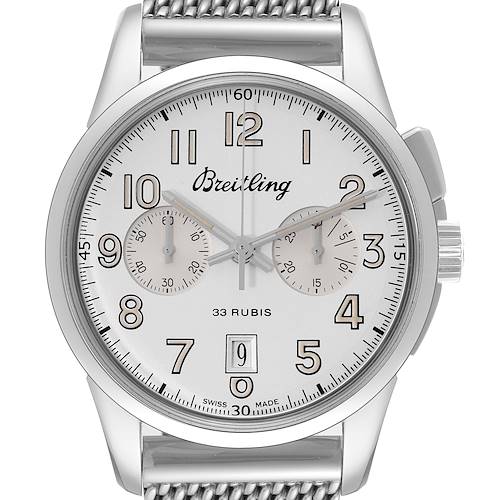 This image shows a front view of the Breitling Transocean AB141112/G799-154A Men's Stainless Steel Silver Dial AB141112/G799-154A Men's Stainless Steel Silver Dial watch, highlighting its white dial, numerals, subdials, and mesh bracelet.