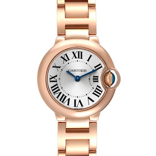 This image shows the front view of the Cartier Ballon Bleu W69002Z2 Women's Rose Gold Silver Dial W69002Z2 Women's Rose Gold Silver Dial watch, featuring the dial and a portion of the bracelet.