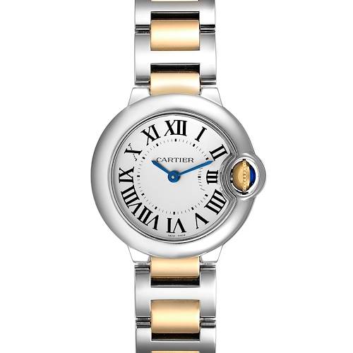 This image shows a frontal view of the Cartier Ballon Bleu W69007Z3 Women's Steel and Gold (two tone) Silver Dial W69007Z3 Women's Steel and Gold (two tone) Silver Dial watch, highlighting its dial, Roman numerals, and two-tone bracelet.