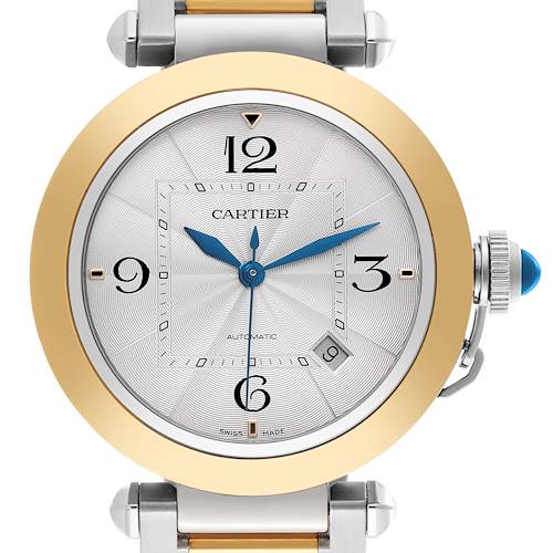The Cartier Pasha W2PA0009 Men's Steel and Gold (two tone) Silver Dial W2PA0009 Men's Steel and Gold (two tone) Silver Dial watch is shown from the front, highlighting the dial, gold bezel, crown, and bracelet edges.