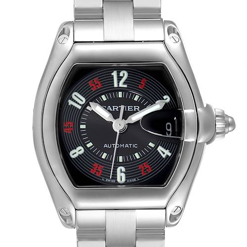 The image shows a frontal view of the Cartier Roadster W62002V3 Men's Stainless Steel Black Dial W62002V3 Men's Stainless Steel Black Dial watch, highlighting its face, case, and part of the bracelet.