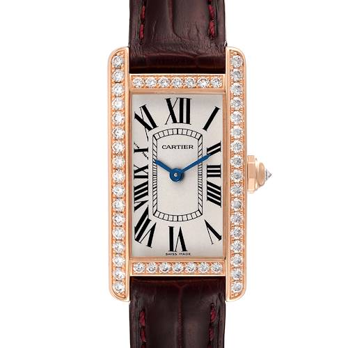 The image shows a Cartier Tank Americaine WJTA0002 Women's Rose Gold Silver Dial WJTA0002 Women's Rose Gold Silver Dial watch front view with a diamond-encrusted bezel and leather strap.