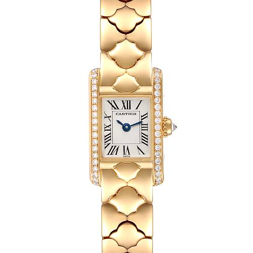 The image shows a front view of the Cartier Tank Classic 1361 Women's Yellow Gold Silver Dial 1361 Women's Yellow Gold Silver Dial watch, featuring a gold bracelet and diamond-studded case.