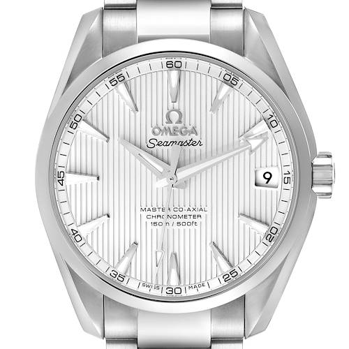 This image shows a front view of the Omega Aqua Terra 231.10.39.21.02.002 Men's Stainless Steel Silver Dial 231.10.39.21.02.002 Men's Stainless Steel Silver Dial watch, highlighting the face, hands, date window, and part of the bracelet.